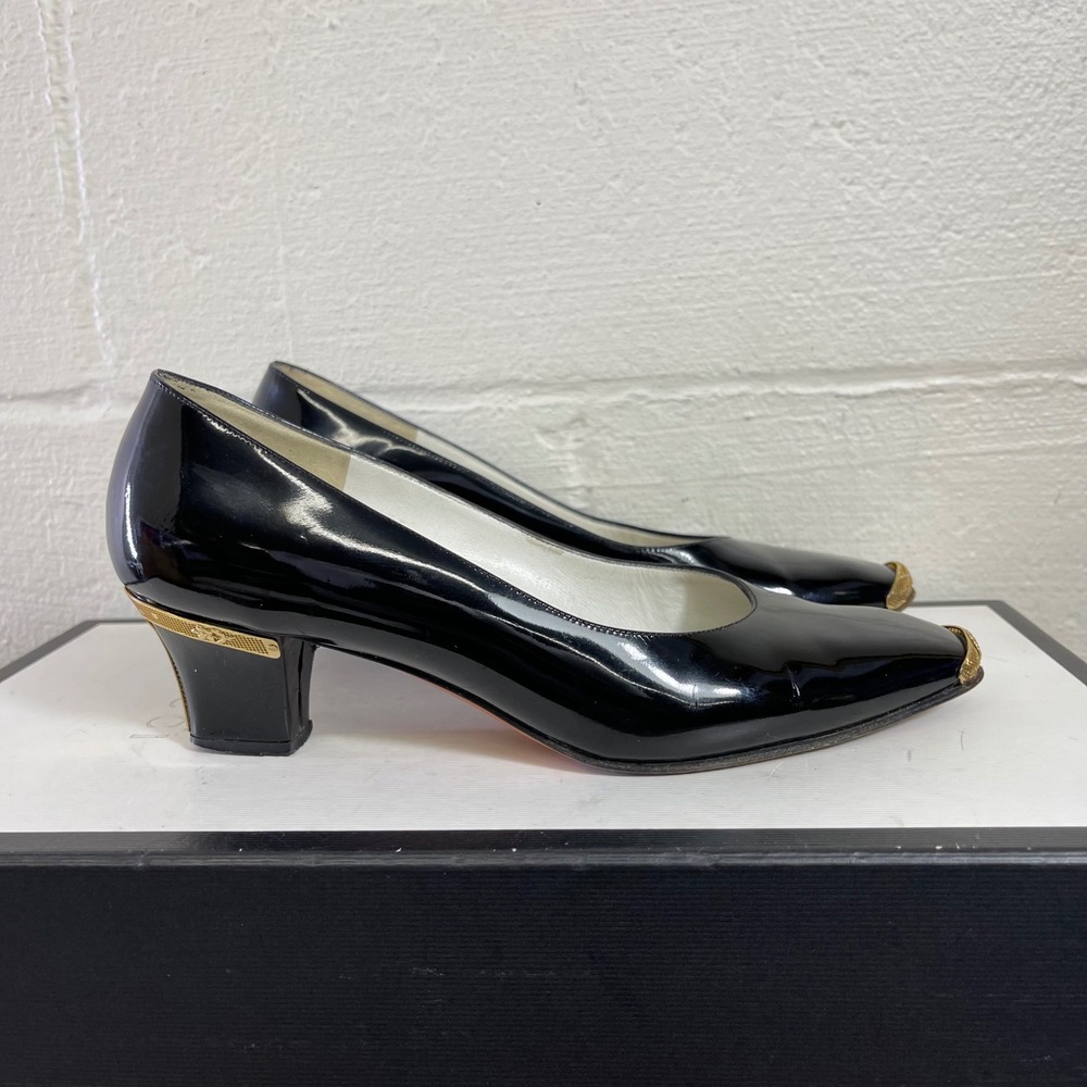 Bruno Magli Black Patent Leather Rose Gold Block Heel Women's 35.5 EU/5.5 US